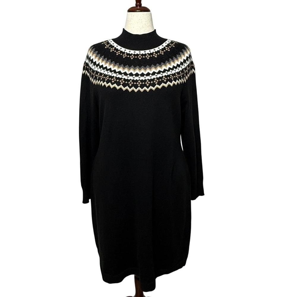Talbots Sweater Dress Women XL Black Nordic Fair Isle Mock Neck Modest